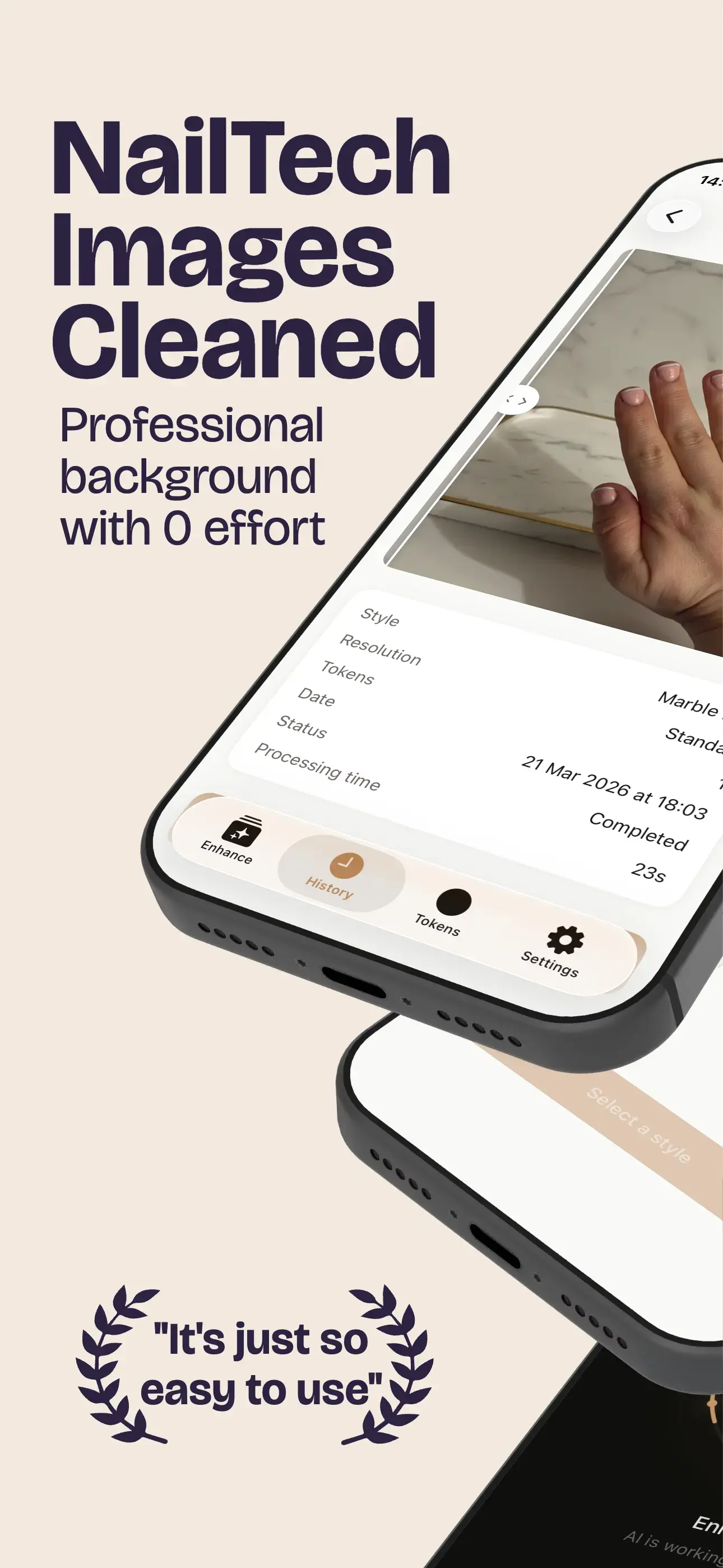 NailTech app screenshot: a nail photo cleaned up with a professional background