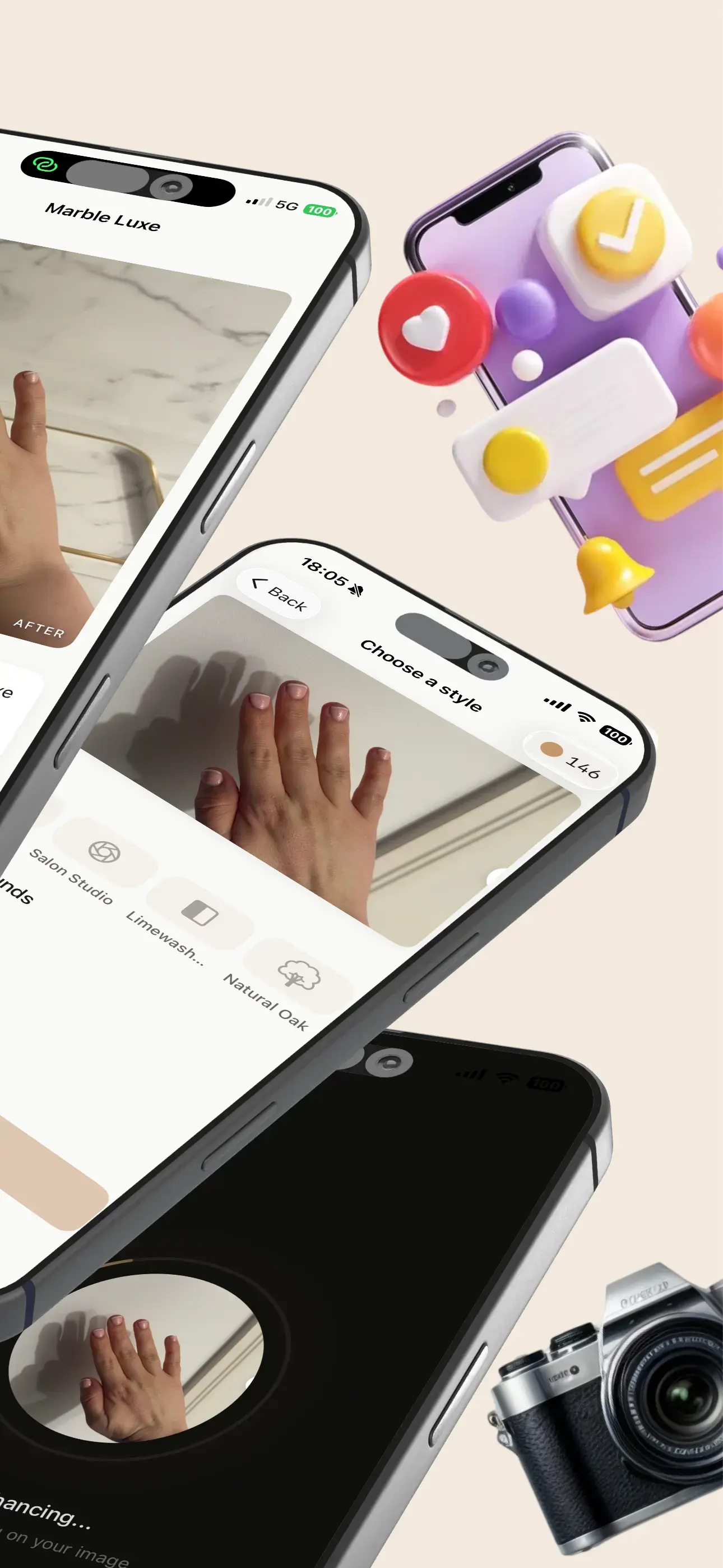 NailTech app screenshot: choosing a background style for a nail photo