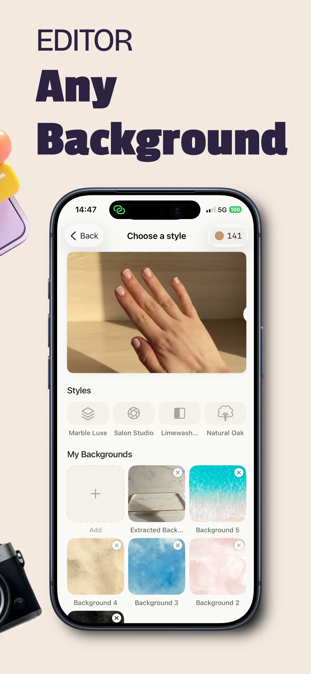 NailTech app screenshot: the background style picker with saved custom backgrounds