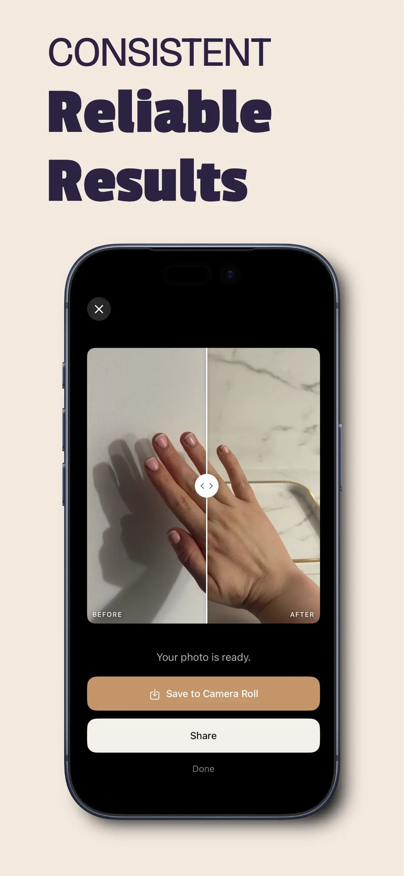NailTech app screenshot: a before and after comparison ready to save or share