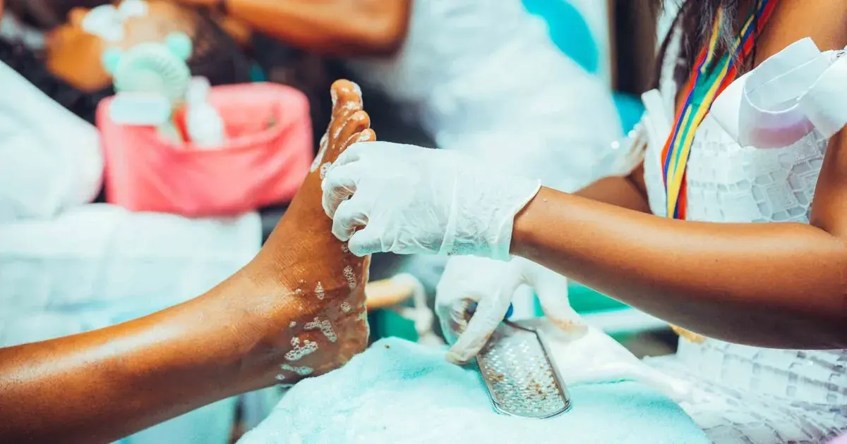 Close-up of a pedicure treatment in a salon, the kind of photo to edit on a phone afterwards